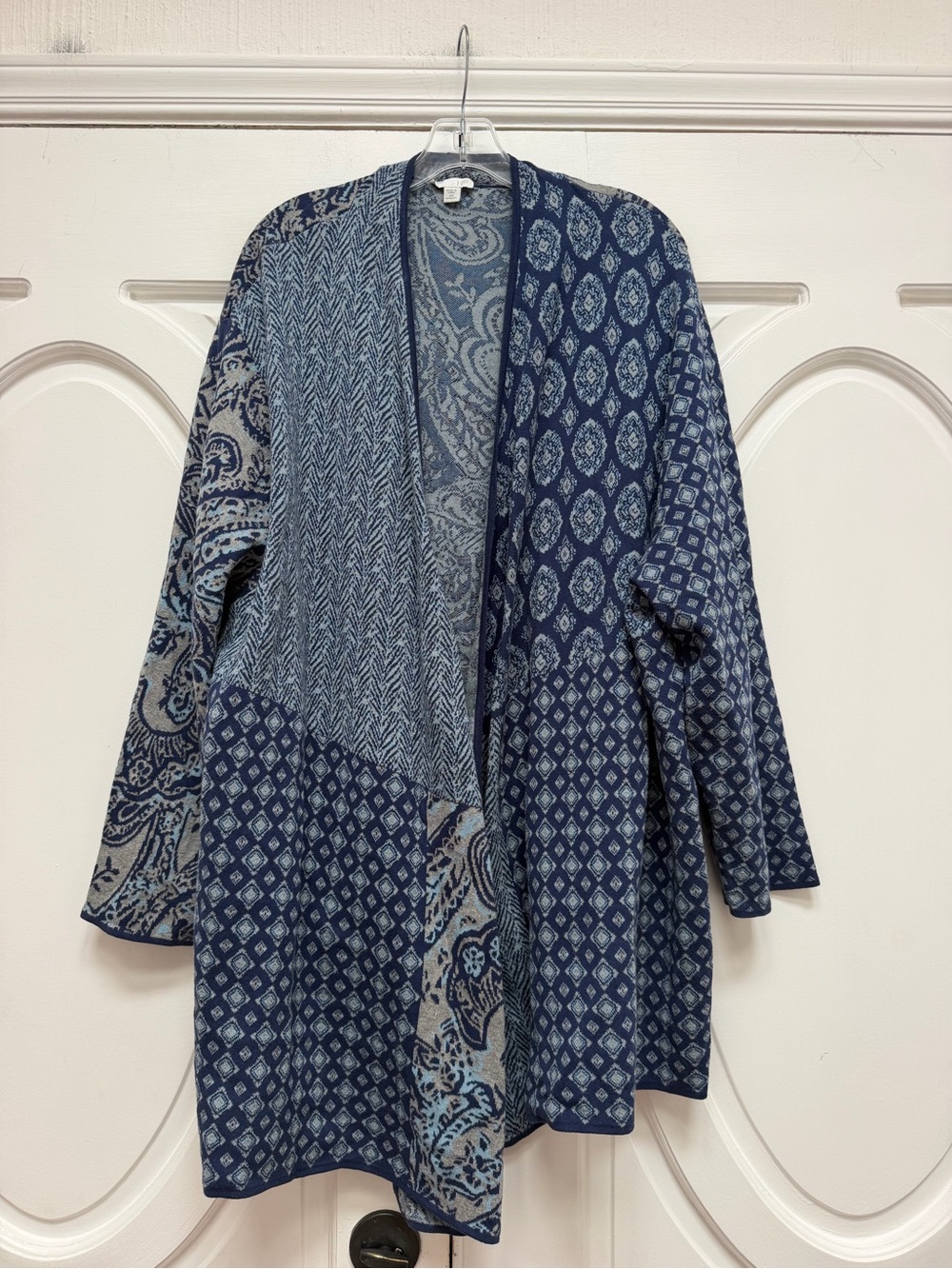 J. Jill Navy and Light Blue Patchwork Open Cardigan